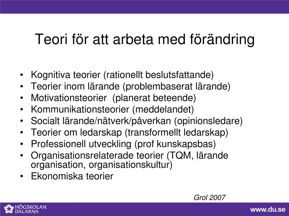 lärande/nätverk/påverkan (opinionsledare) Teorier om ledarskap (transformellt ledarskap) Professionell utveckling