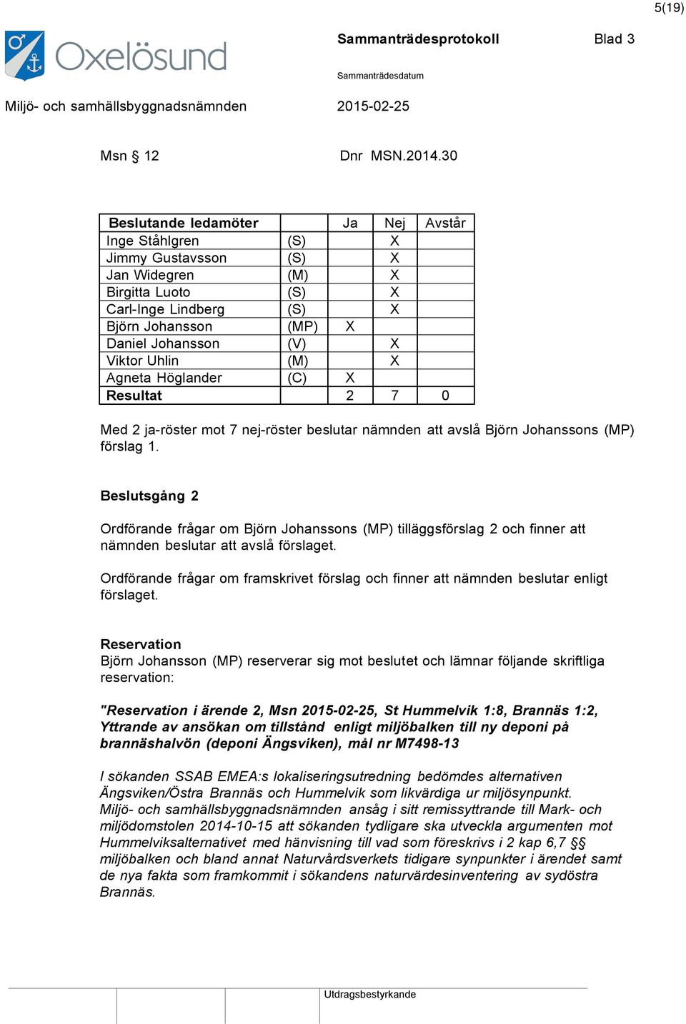 Uhlin (M) X Agneta Höglander (C) X Resultat 2 7 0 Med 2 ja-röster mot 7 nej-röster beslutar nämnden att avslå Björn Johanssons (MP) förslag 1.