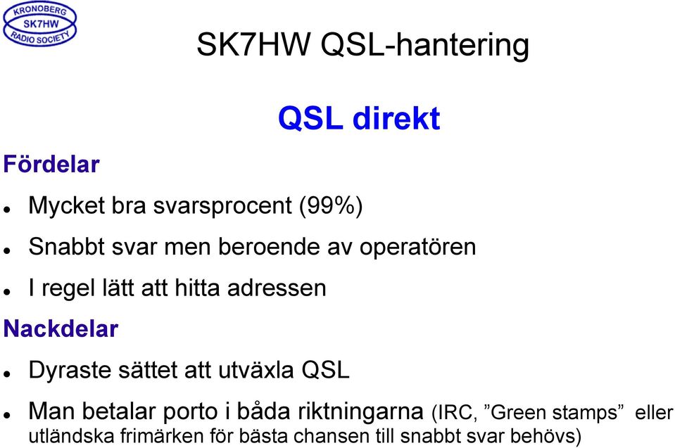 utväxla QSL SK7HW QSL-hantering Man betalar porto i båda riktningarna (IRC,