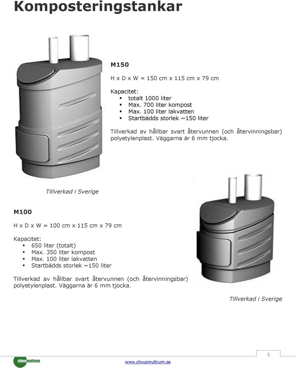 Väggarna är 6 mm tjocka. Tillverkad i Sverige M100 H x D x W = 100 cm x 115 cm x 79 cm Kapacitet: 650 liter (totalt) Max.