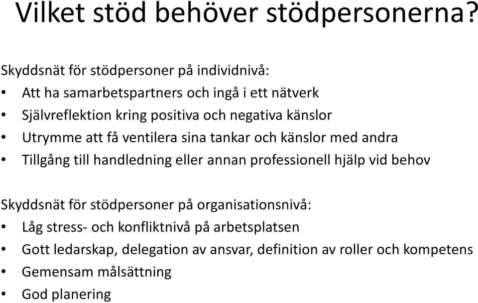 negativa känslor Utrymme att få ventilera sina tankar och känslor med andra Tillgång till handledning eller annan