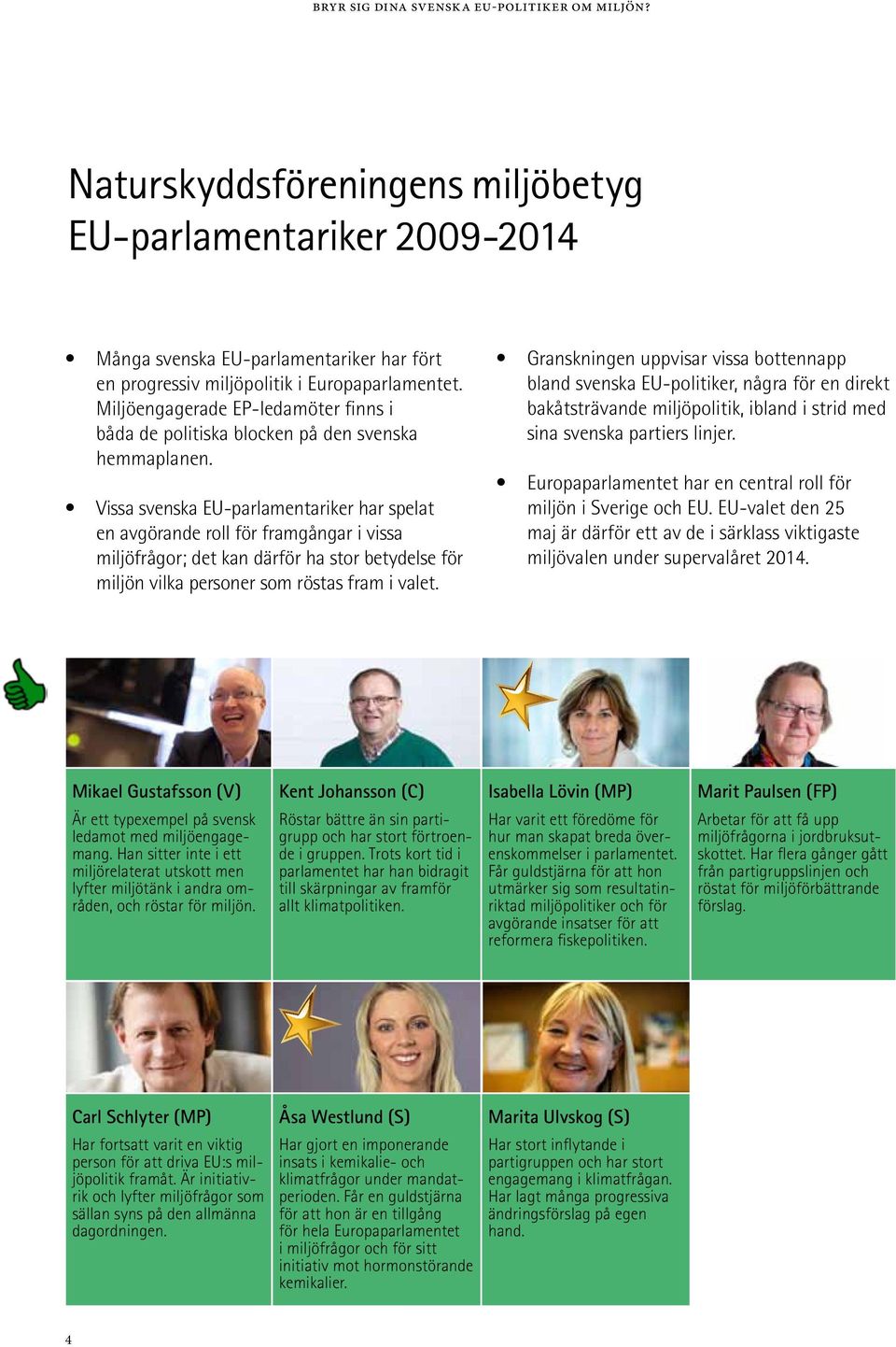 Vissa svenska EU-parlamentariker har spelat en avgörande roll för framgångar i vissa miljöfrågor; det kan därför ha stor betydelse för miljön vilka personer som röstas fram i valet.