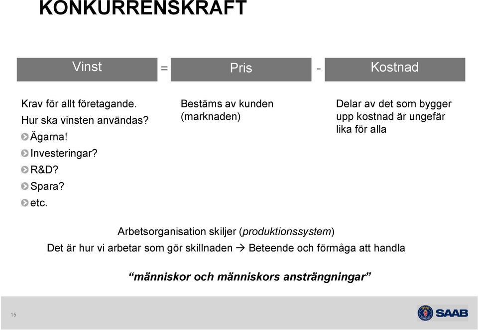 Bestäms av kunden (marknaden) Delar av det som bygger upp kostnad är ungefär lika för alla