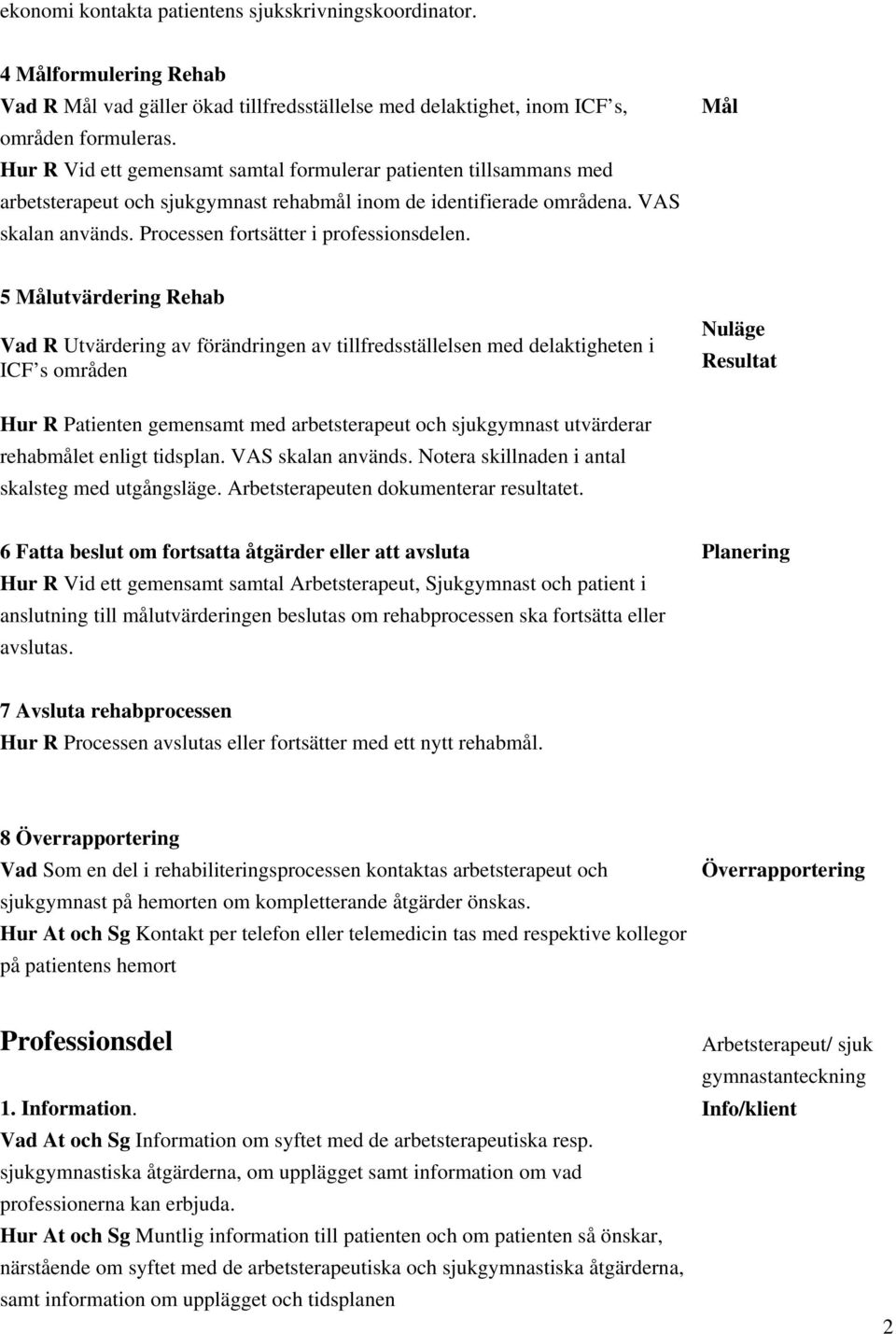 Mål 5 Målutvärdering Rehab Vad R Utvärdering av förändringen av tillfredsställelsen med delaktigheten i ICF s områden Nuläge Resultat Hur R Patienten gemensamt med arbetsterapeut och sjukgymnast