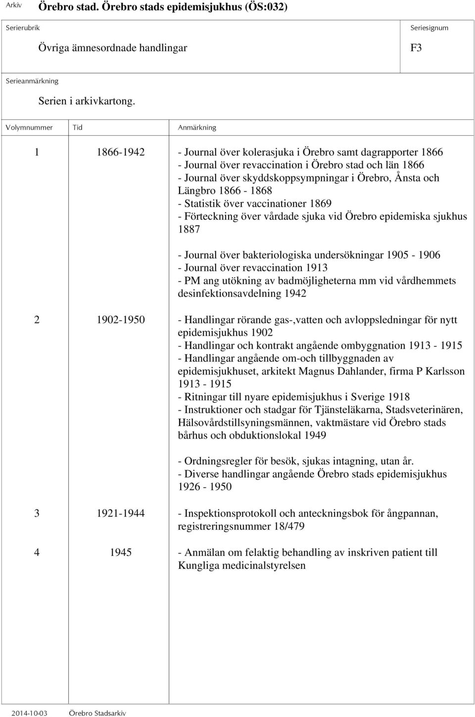 1866-1868 - Statistik över vaccinationer 1869 - Förteckning över vårdade sjuka vid Örebro epidemiska sjukhus 1887 - Journal över bakteriologiska undersökningar 1905-1906 - Journal över revaccination