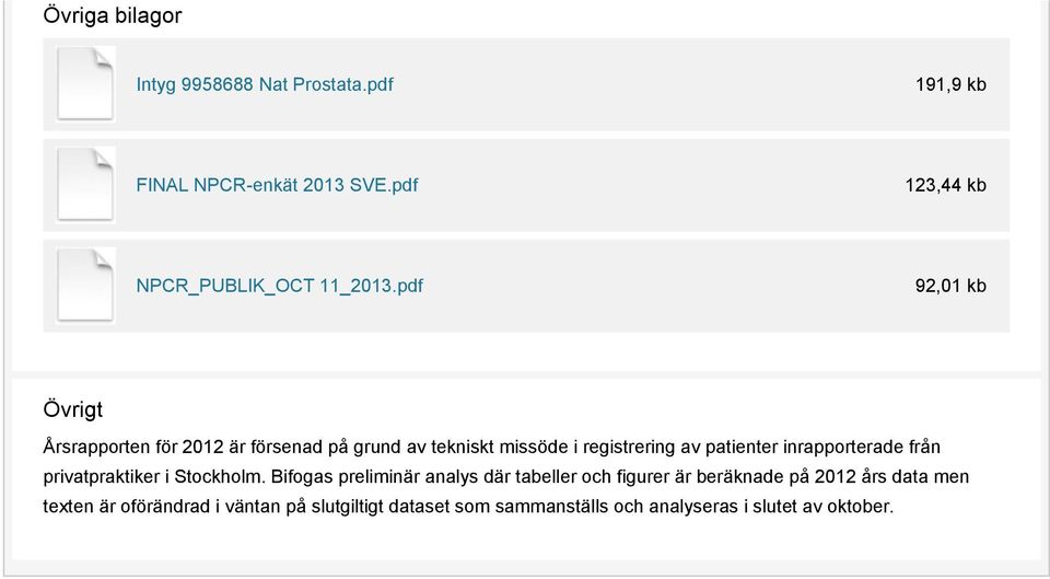 pdf 92,01 kb Övrigt Årsrapporten för 2012 är försenad på grund av tekniskt missöde i registrering av patienter