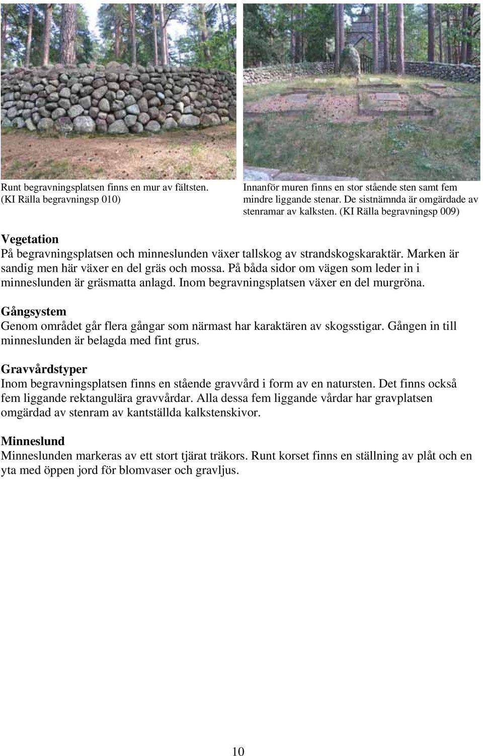Marken är sandig men här växer en del gräs och mossa. På båda sidor om vägen som leder in i minneslunden är gräsmatta anlagd. Inom begravningsplatsen växer en del murgröna.