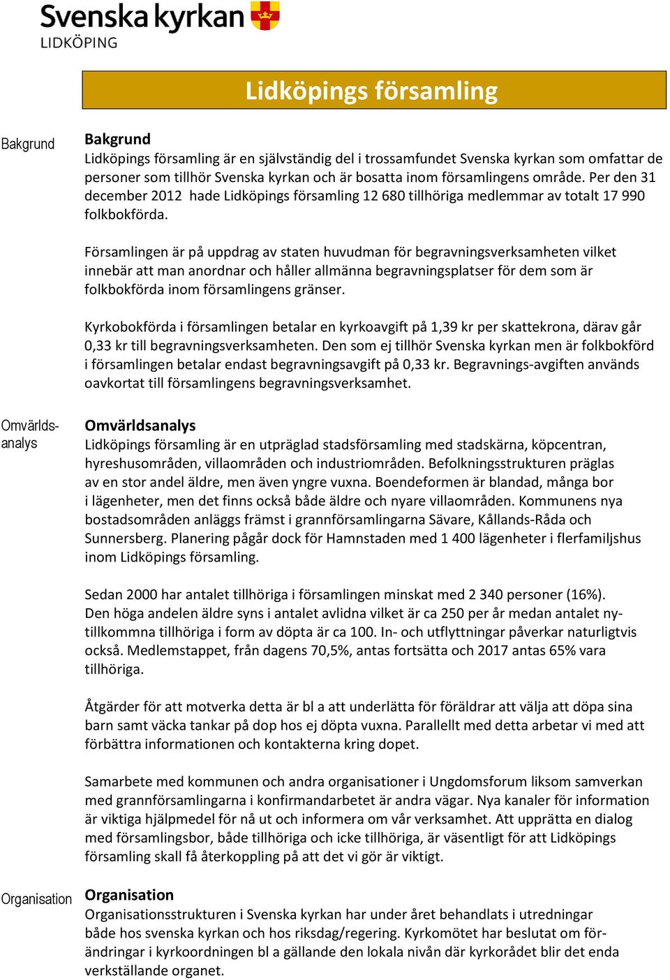 Församlingen är på uppdrag av staten huvudman för begravningsverksamheten vilket innebär att man anordnar och håller allmänna begravningsplatser för dem som är folkbokförda inom församlingens gränser.