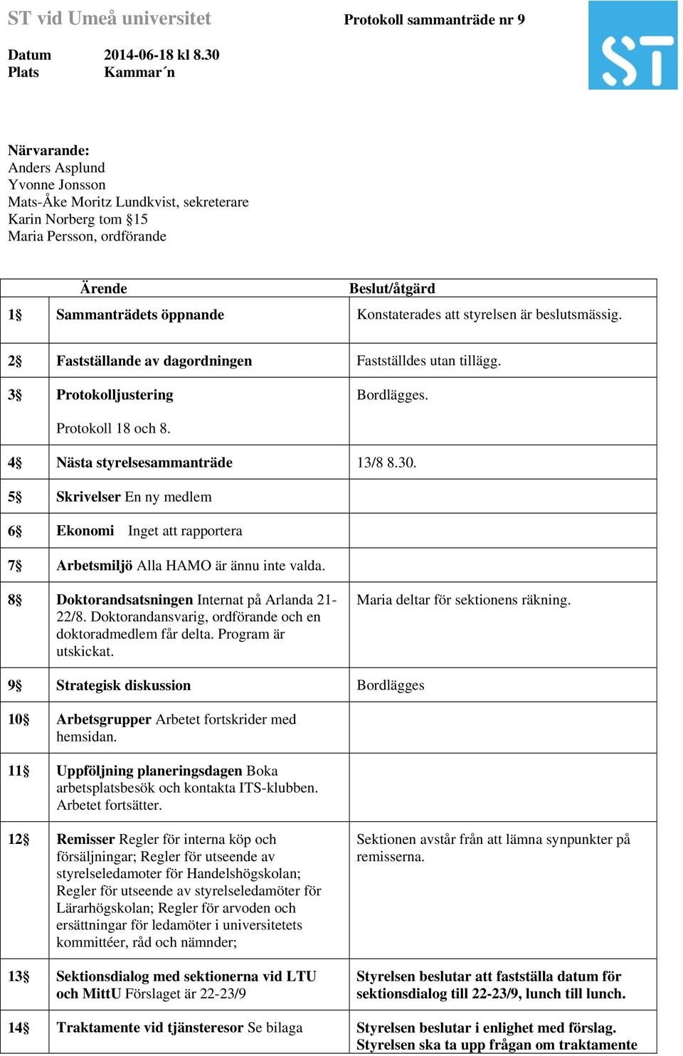 Konstaterades att styrelsen är beslutsmässig. 2 Fastställande av dagordningen Fastställdes utan tillägg. 3 Protokolljustering Bordlägges. Protokoll 18 och 8. 4 Nästa styrelsesammanträde 13/8 8.30.