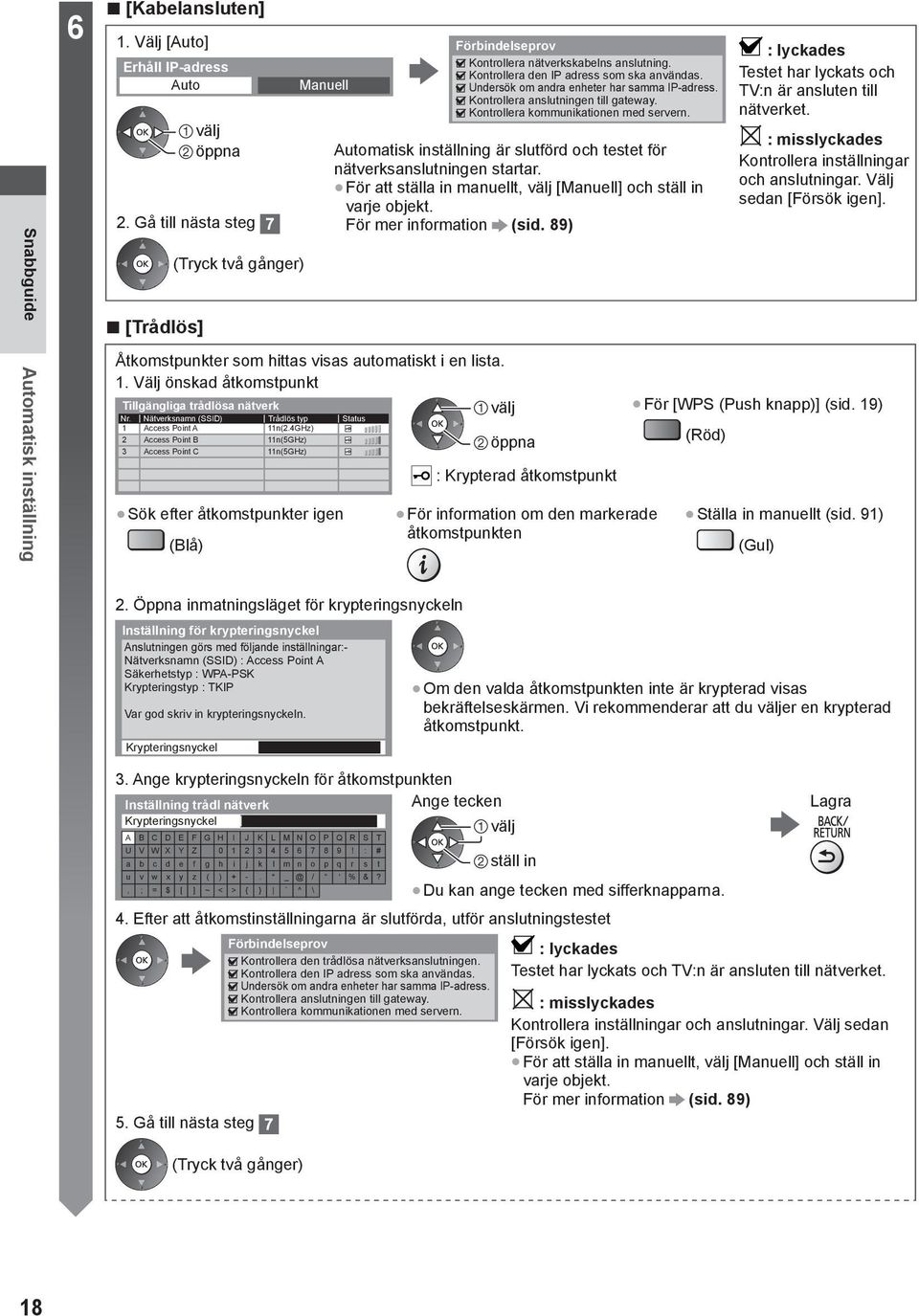 Kontrollera kommunikationen med servern. nätverket. Automatisk inställning är slutförd och testet för nätverksanslutningen startar. För att ställa in manuellt, [Manuell] och ställ in varje objekt. 2.
