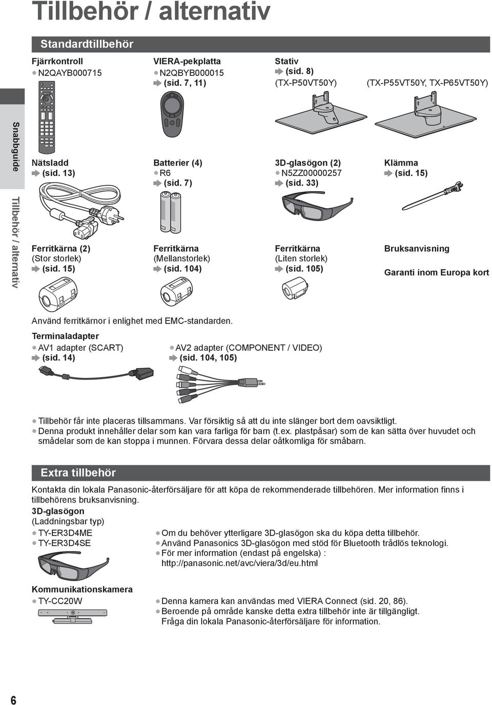 104) Ferritkärna (Liten storlek) (sid. 105) Bruksanvisning Garanti inom Europa kort Använd ferritkärnor i enlighet med EMC-standarden. Terminaladapter AV1 adapter (SCART) (sid.
