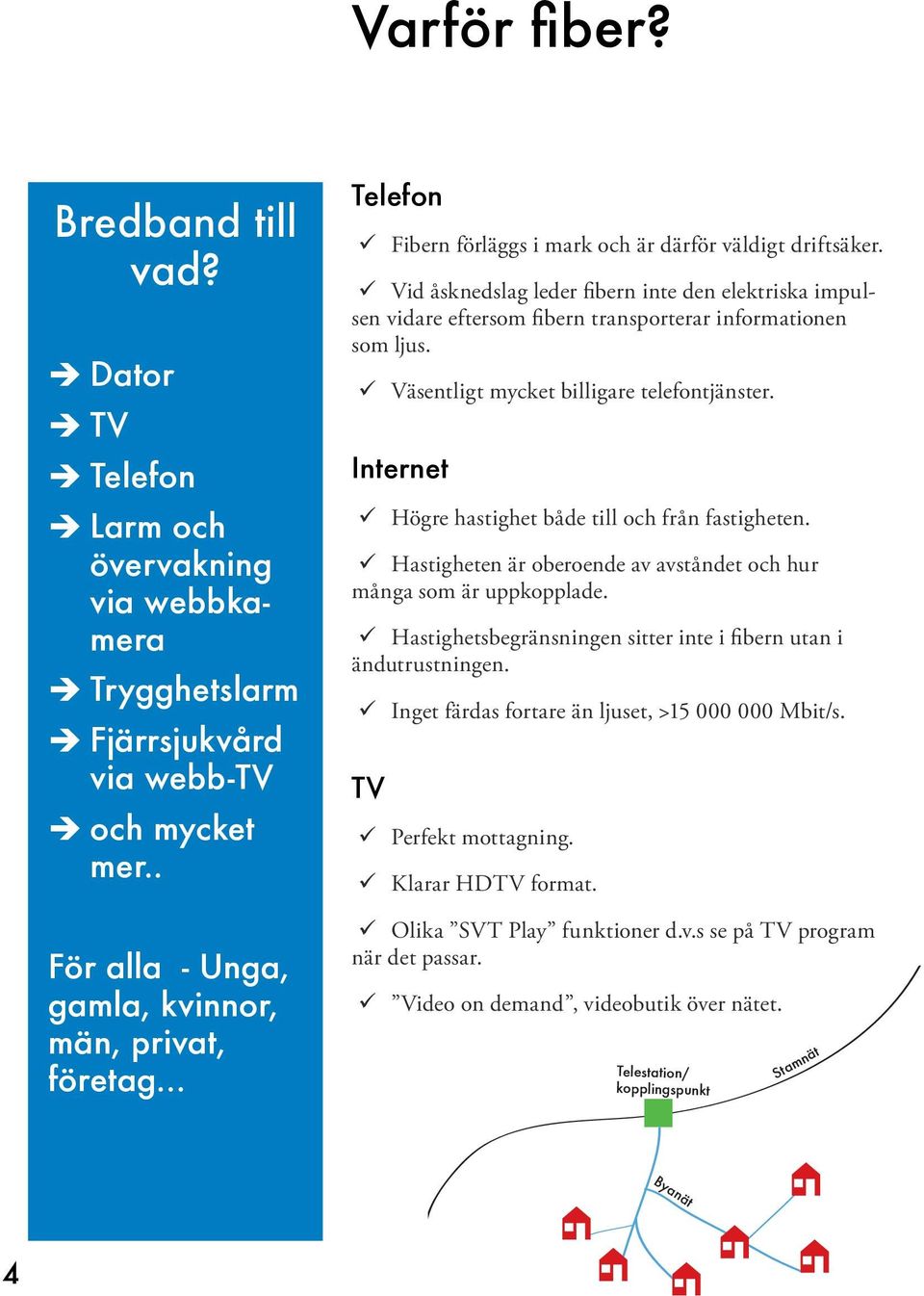 Väsentligt mycket billigare telefontjänster. Internet Högre hastighet både till och från fastigheten. Hastigheten är oberoende av avståndet och hur många som är uppkopplade.