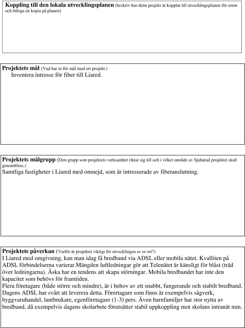 ) Samtliga fastigheter i Liared med omnejd, som är intresserade av fiberanslutning. Projektets påverkan (Varför är projektet viktigt för utvecklingen av er ort?
