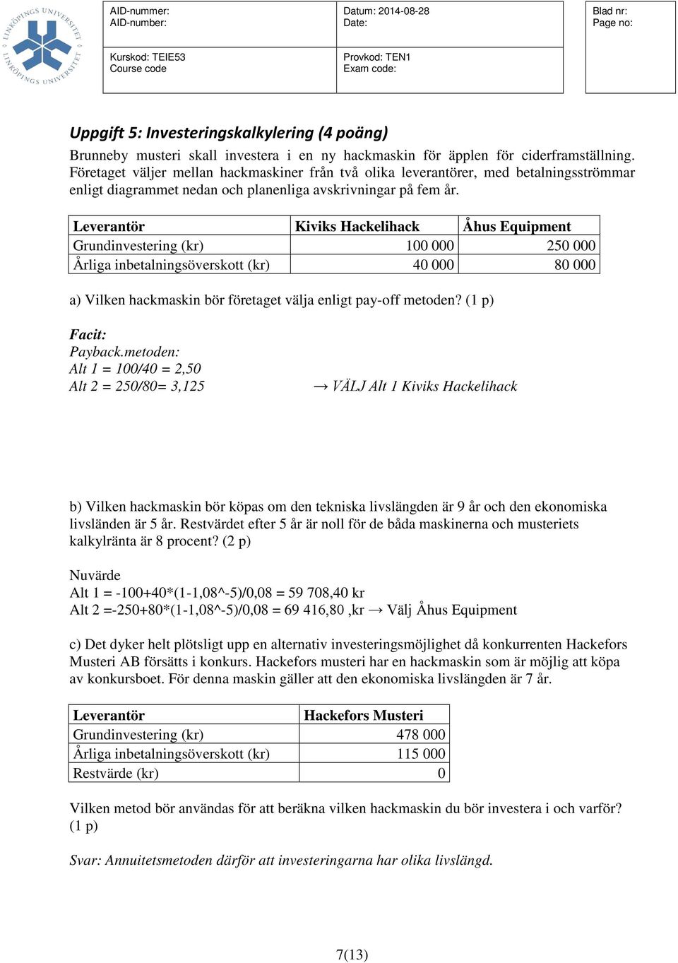 Leverantör Kiviks Hackelihack Åhus Equipment Grundinvestering (kr) 100 000 250 000 Årliga inbetalningsöverskott (kr) 40 000 80 000 a) Vilken hackmaskin bör företaget välja enligt pay-off metoden?
