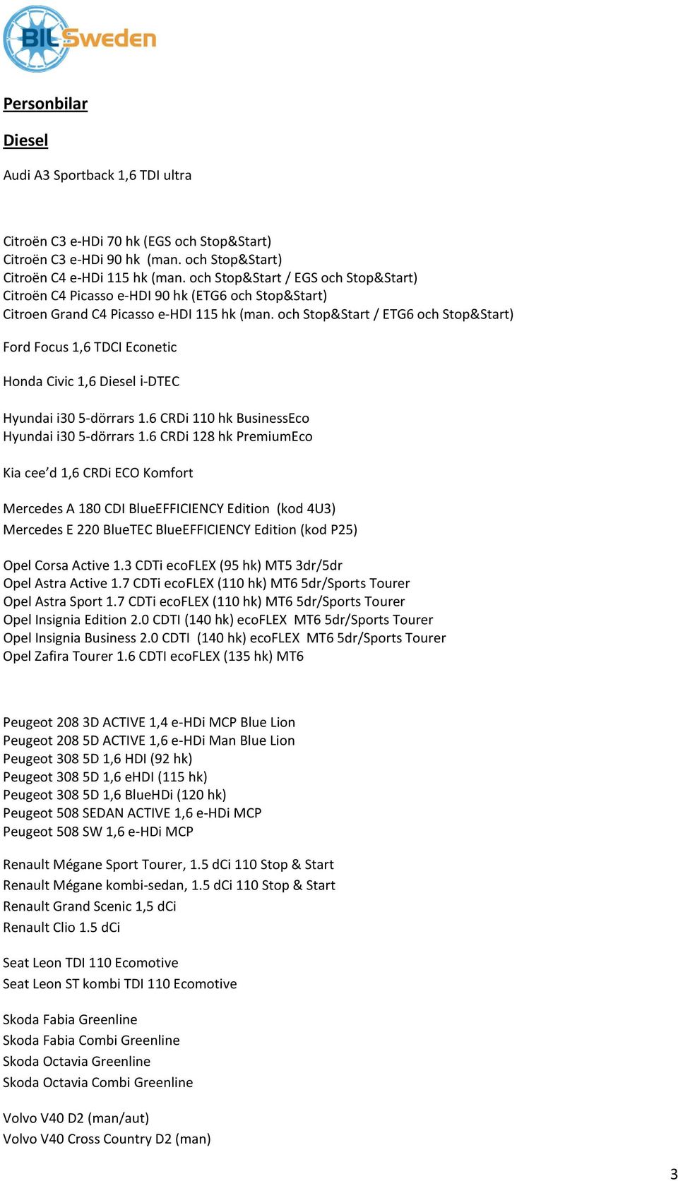 och Stop&Start / ETG6 och Stop&Start) Ford Focus 1,6 TDCI Econetic Honda Civic 1,6 Diesel i-dtec Hyundai i30 5-dörrars 1.6 CRDi 110 hk BusinessEco Hyundai i30 5-dörrars 1.