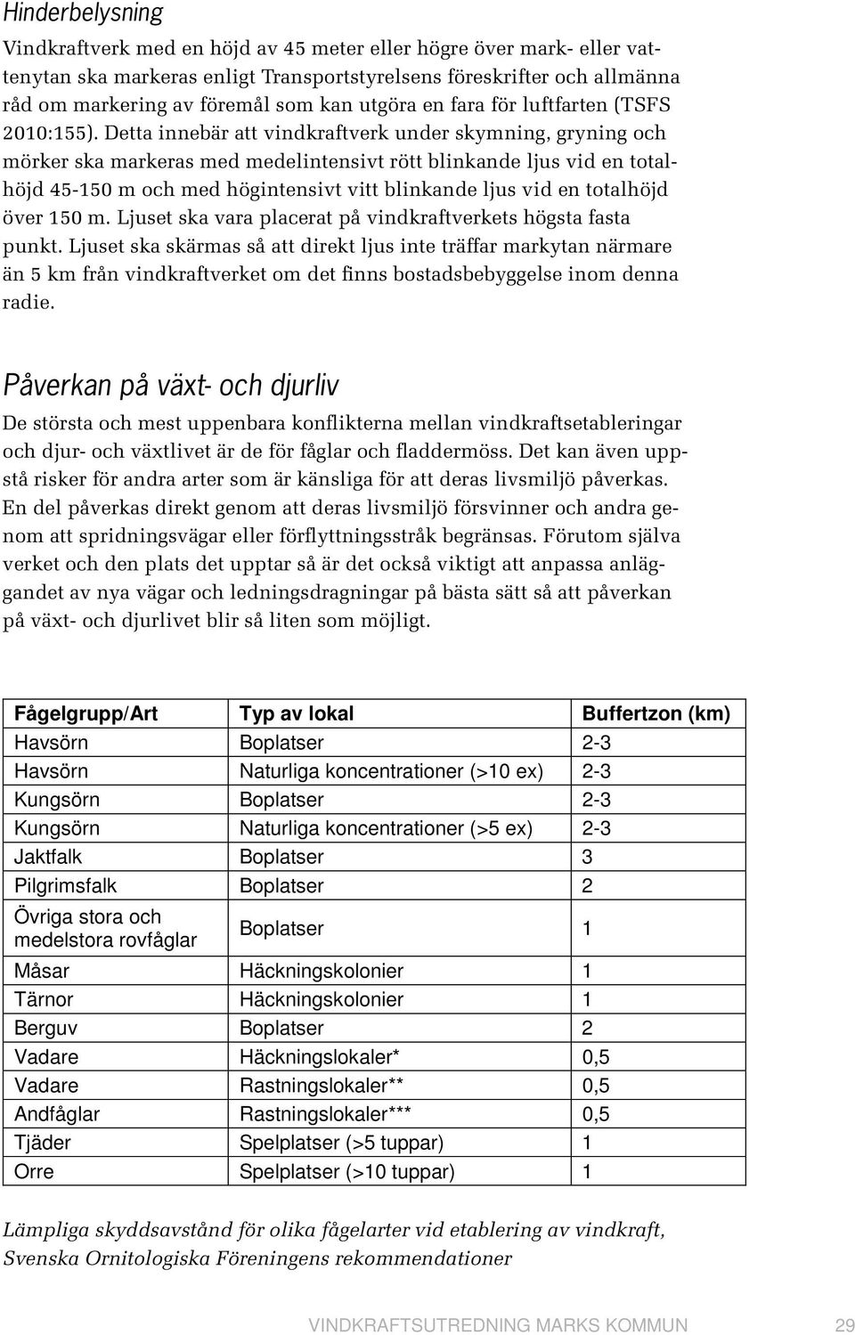 Detta innebär att vindkraftverk under skymning, gryning och mörker ska markeras med medelintensivt rött blinkande ljus vid en totalhöjd 45-150 m och med högintensivt vitt blinkande ljus vid en