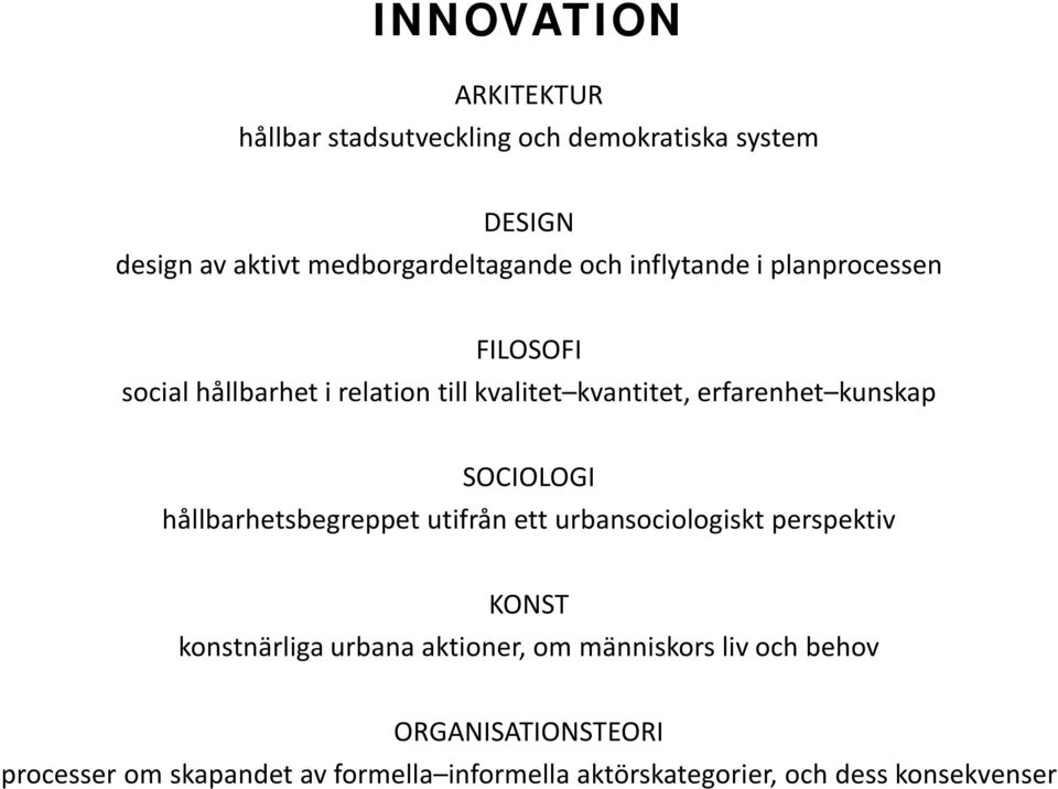 SOCIOLOGI hållbarhetsbegreppet utifrån ett urbansociologiskt perspektiv KONST konstnärliga urbana aktioner, om