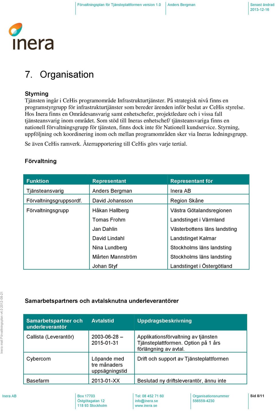 Hos Inera finns en Områdesansvarig samt enhetschefer, projektledare och i vissa fall tjänsteansvarig inom området.