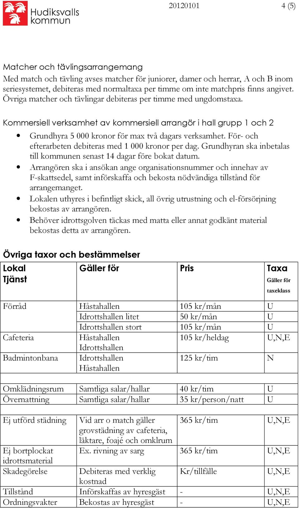 Kommersiell verksamhet av kommersiell arrangör i hall grupp 1 och 2 Grundhyra 5 000 kronor för max två dagars verksamhet. För- och efterarbeten debiteras med 1 000 kronor per dag.