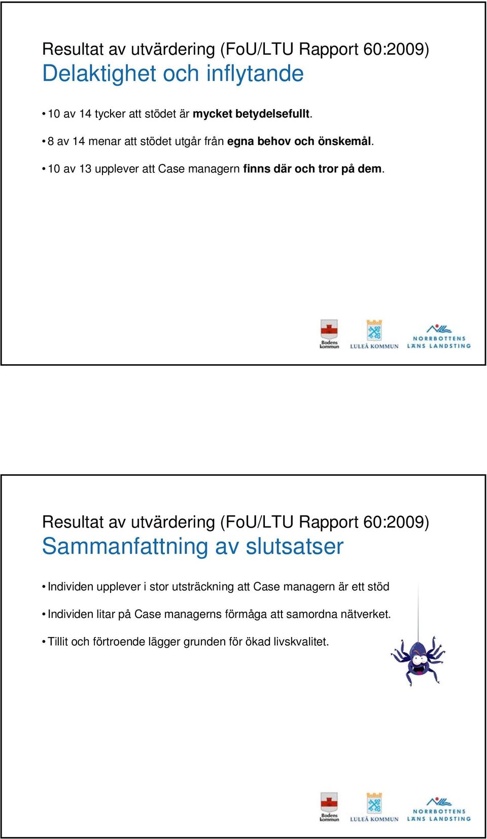 Resultat av utvärdering (FoU/LTU Rapport 60:2009) Sammanfattning av slutsatser Individen upplever i stor utsträckning att Case