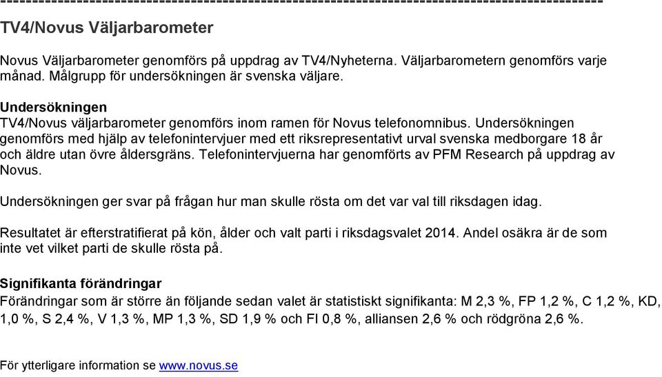 Undersökningen genomförs med hjälp av telefonintervjuer med ett riksrepresentativt urval svenska medborgare 18 år och äldre utan övre åldersgräns.