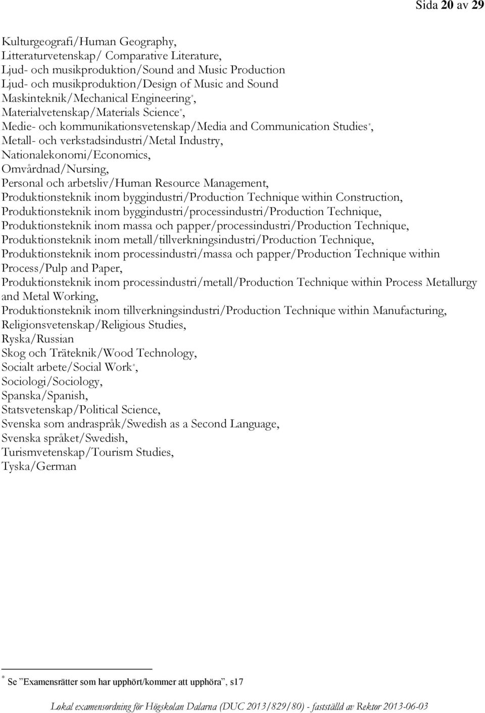 Nationalekonomi/Economics, Omvårdnad/Nursing, Personal och arbetsliv/human Resource Management, Produktionsteknik inom byggindustri/production Technique within Construction, Produktionsteknik inom