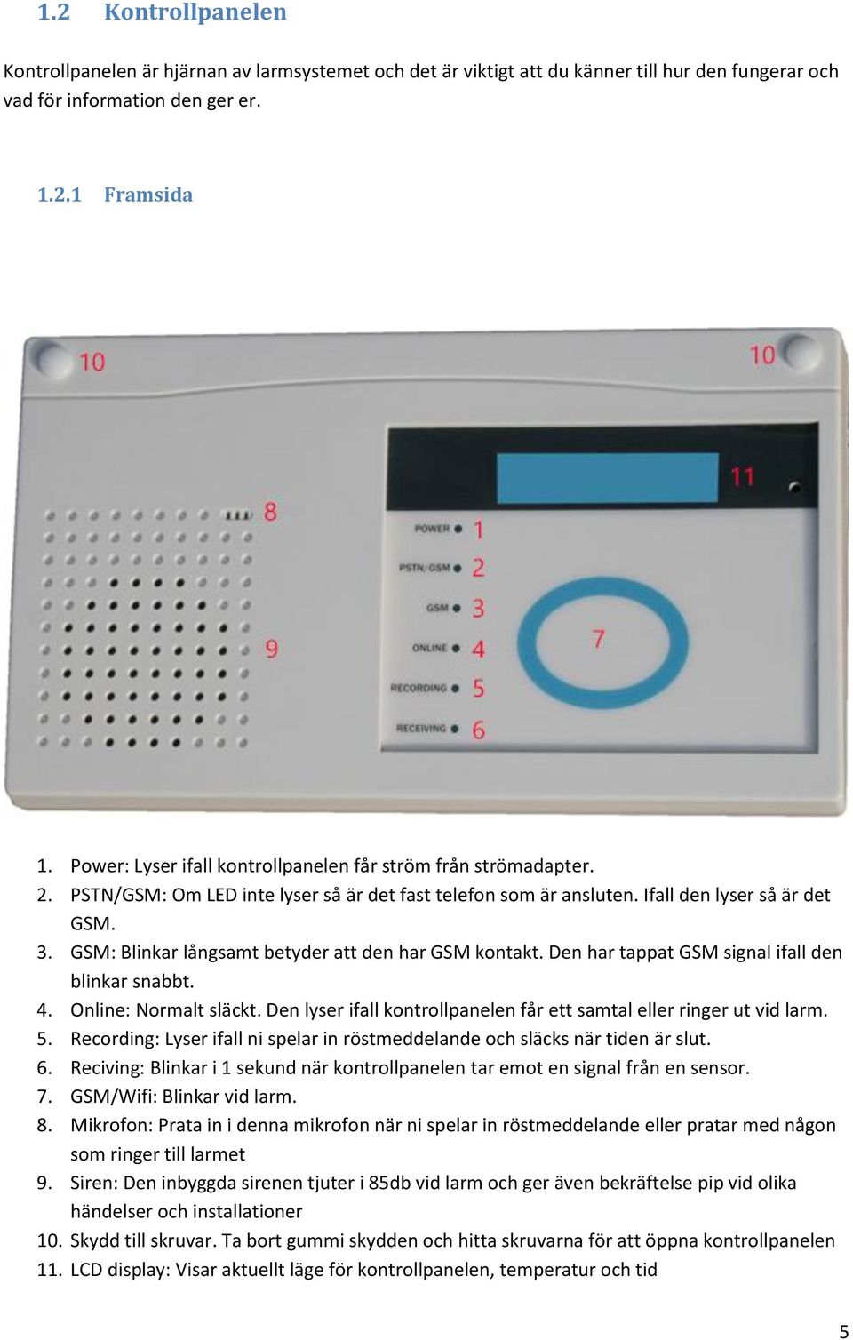 GSM: Blinkar långsamt betyder att den har GSM kontakt. Den har tappat GSM signal ifall den blinkar snabbt. 4. Online: Normalt släckt.