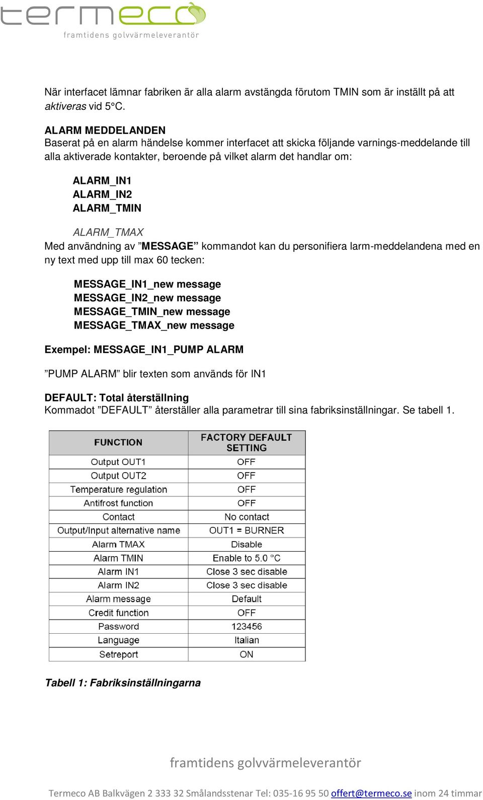 ALARM_IN2 ALARM_TMIN ALARM_TMAX Med användning av MESSAGE kommandot kan du personifiera larm-meddelandena med en ny text med upp till max 60 tecken: MESSAGE_IN1_new message MESSAGE_IN2_new