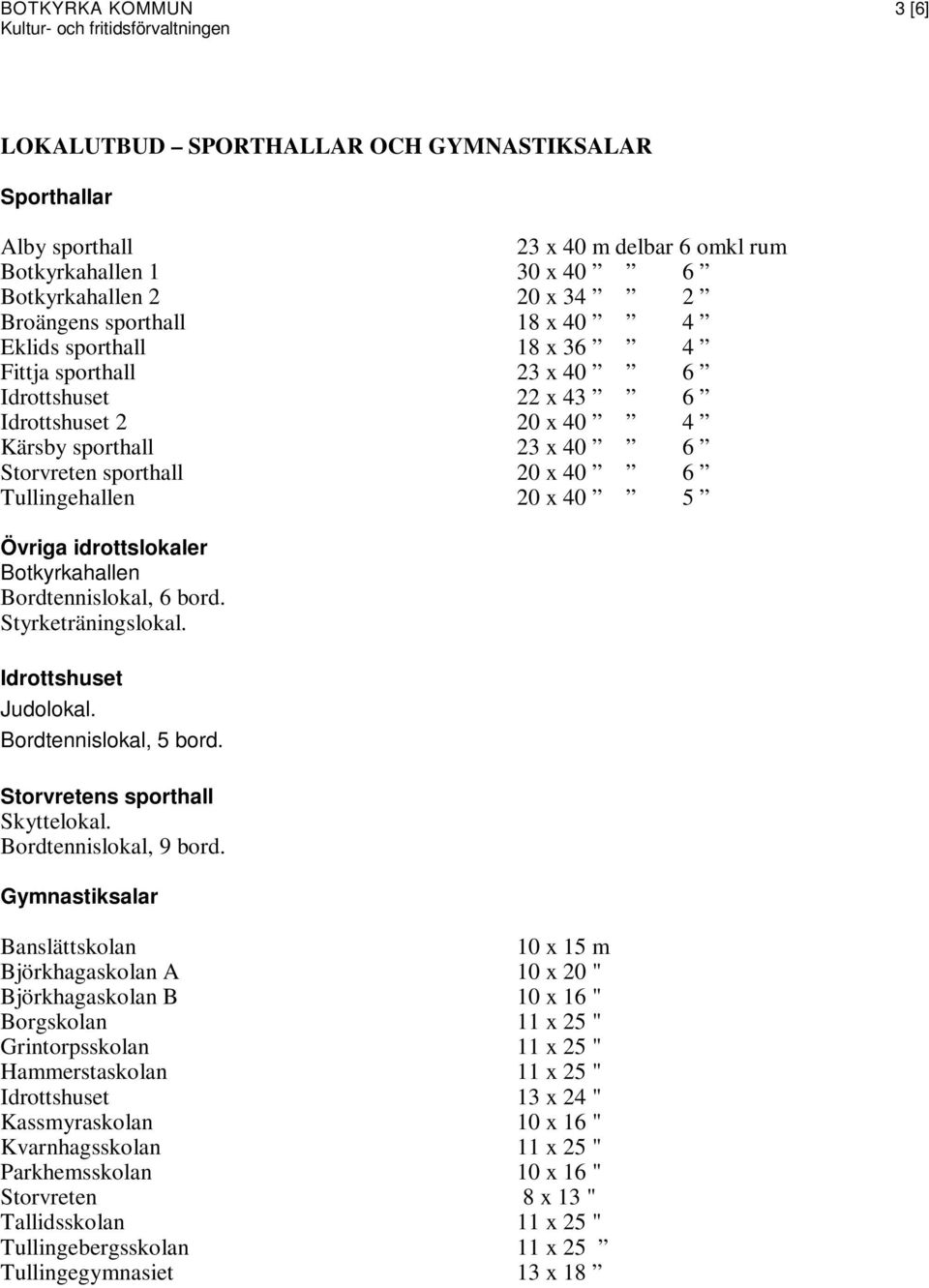 idrottslokaler Botkyrkahallen Bordtennislokal, 6 bord. Styrketräningslokal. Idrottshuset Judolokal. Bordtennislokal, 5 bord. Storvretens sporthall Skyttelokal. Bordtennislokal, 9 bord.