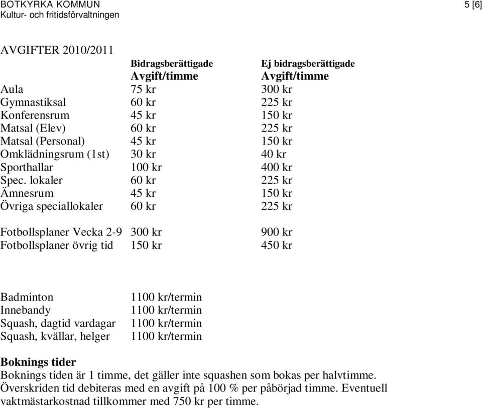 lokaler 60 kr 225 kr Ämnesrum 45 kr 150 kr Övriga speciallokaler 60 kr 225 kr Fotbollsplaner Vecka 2-9 300 kr 900 kr Fotbollsplaner övrig tid 150 kr 450 kr Badminton Innebandy Squash,