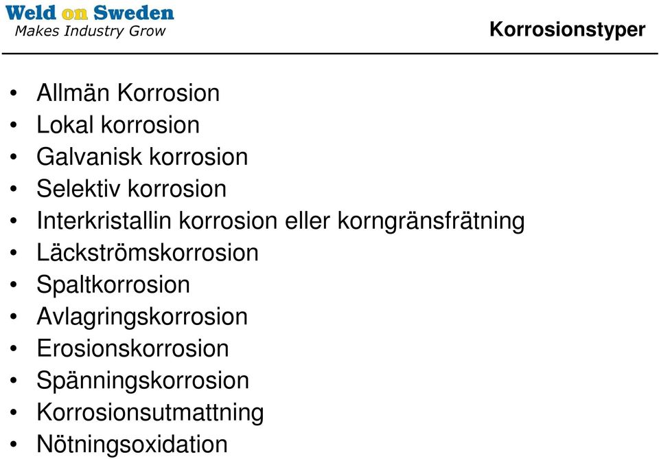 korngränsfrätning Läckströmskorrosion Spaltkorrosion