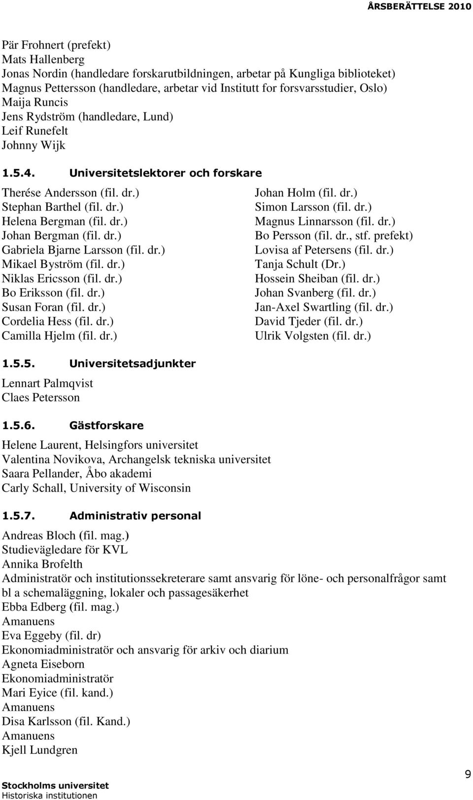 dr.) Johan Bergman (fil. dr.) Gabriela Bjarne Larsson (fil. dr.) Mikael Byström (fil. dr.) Niklas Ericsson (fil. dr.) Bo Eriksson (fil. dr.) Susan Foran (fil. dr.) Cordelia Hess (fil. dr.) Camilla Hjelm (fil.