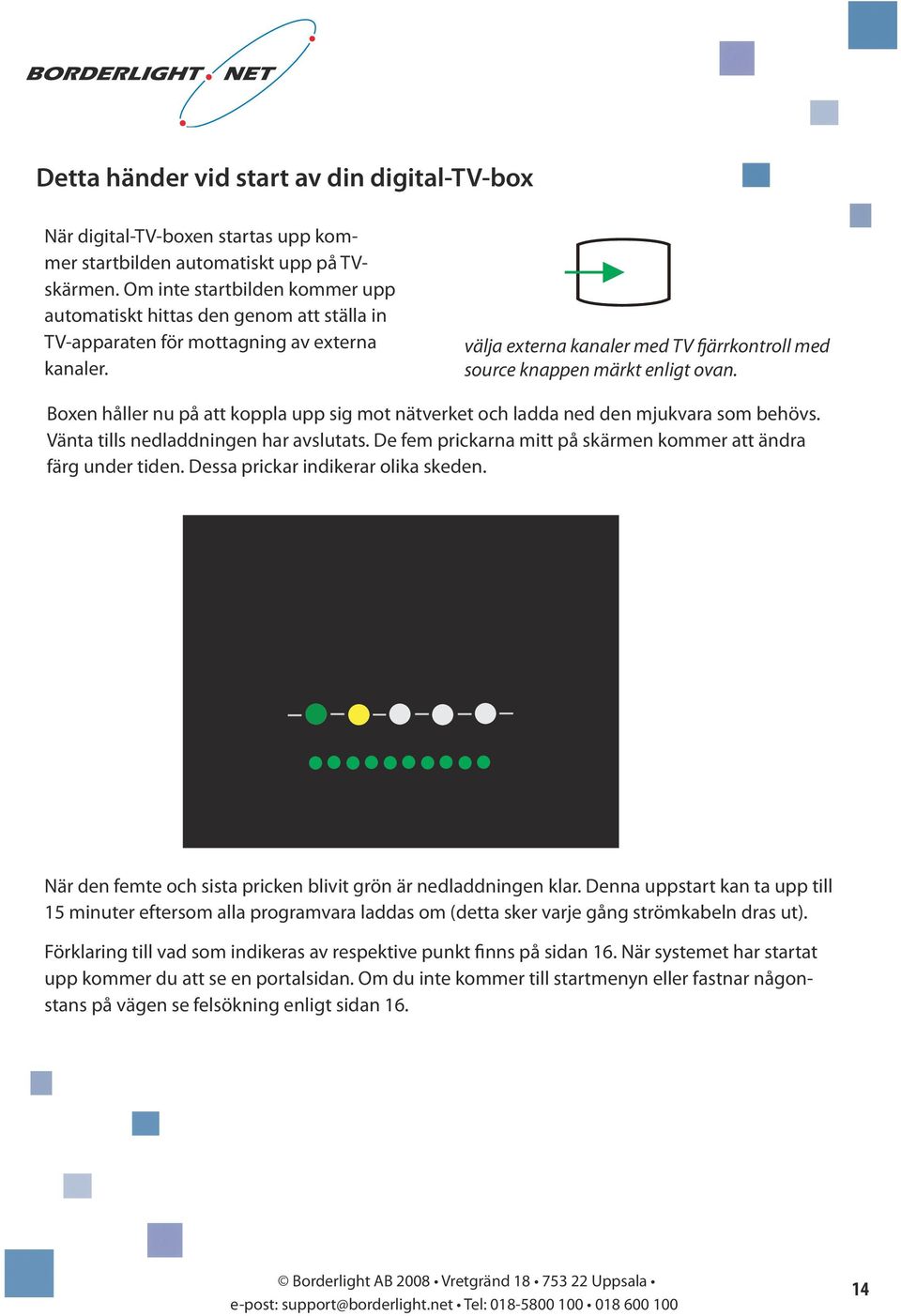 Boxen håller nu på att koppla upp sig mot nätverket och ladda ned den mjukvara som behövs. Vänta tills nedladdningen har avslutats. De fem prickarna mitt på skärmen kommer att ändra färg under tiden.