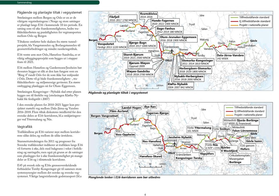 En satsing som vil øke framkommeligheten, bedre trafikksikkerheten og punktligheten for vegtransporten mellom Oslo og Bergen Tiltakene omfatter hele skalaen fra større tunnelprosjekt, bla