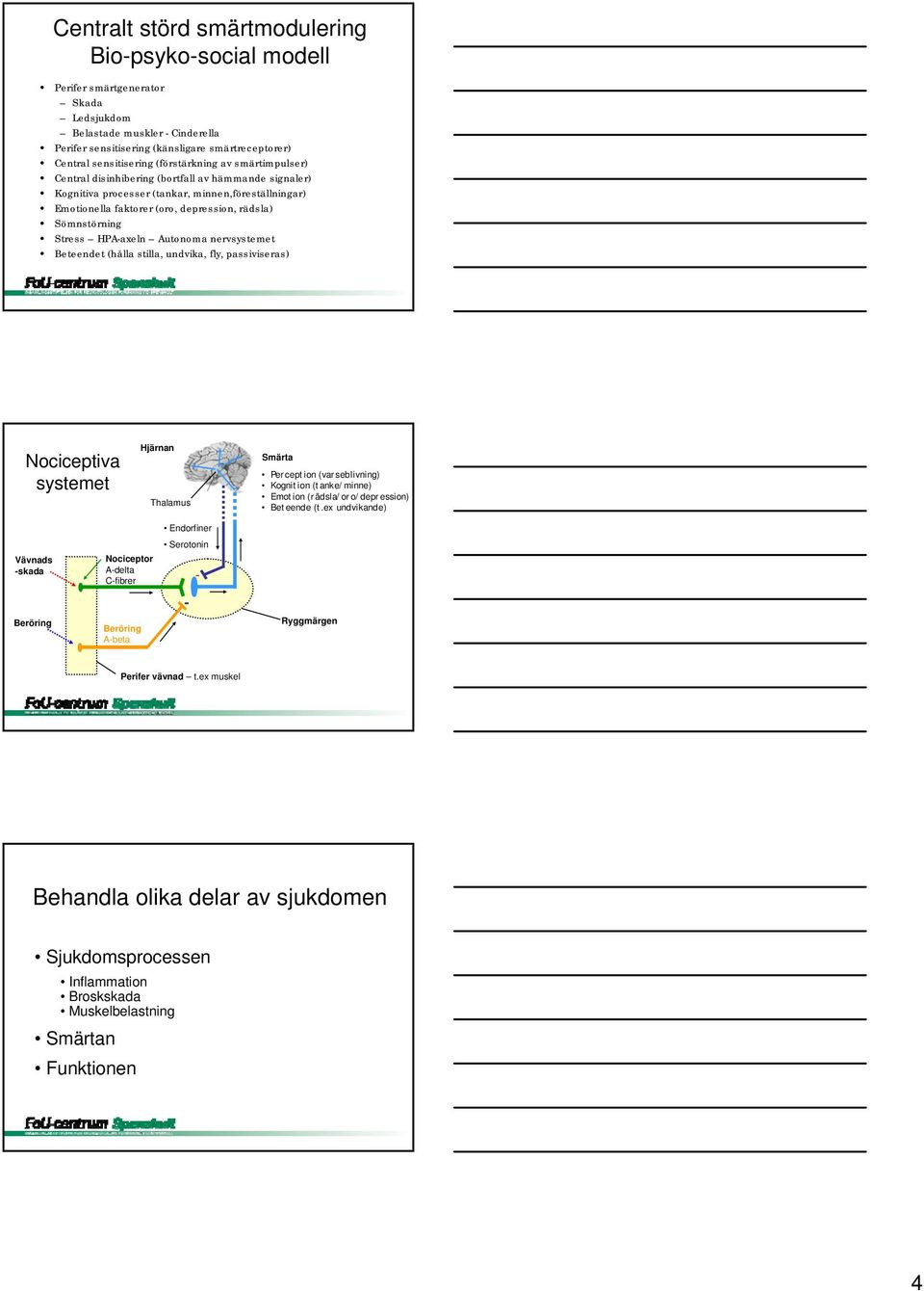 Stress HPA-axeln Autonoma nervsystemet Beteendet (hålla stilla, undvika, fly, passiviseras) Nociceptiva systemet Hjärnan Thalamus Smärta Perception (varseblivning) Kognition (tanke/minne) Emotion