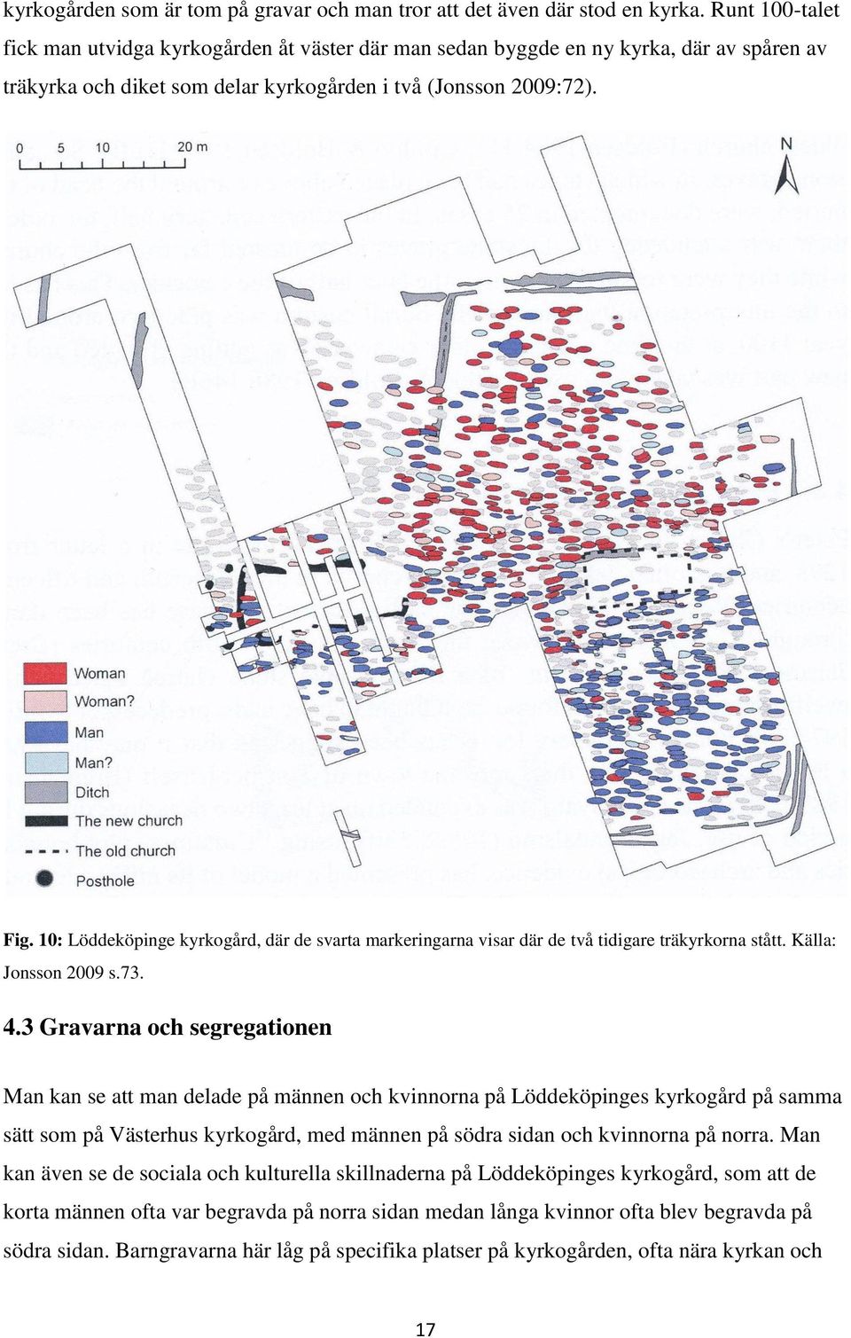 10: Löddeköpinge kyrkogård, där de svarta markeringarna visar där de två tidigare träkyrkorna stått. Källa: Jonsson 2009 s.73. 4.