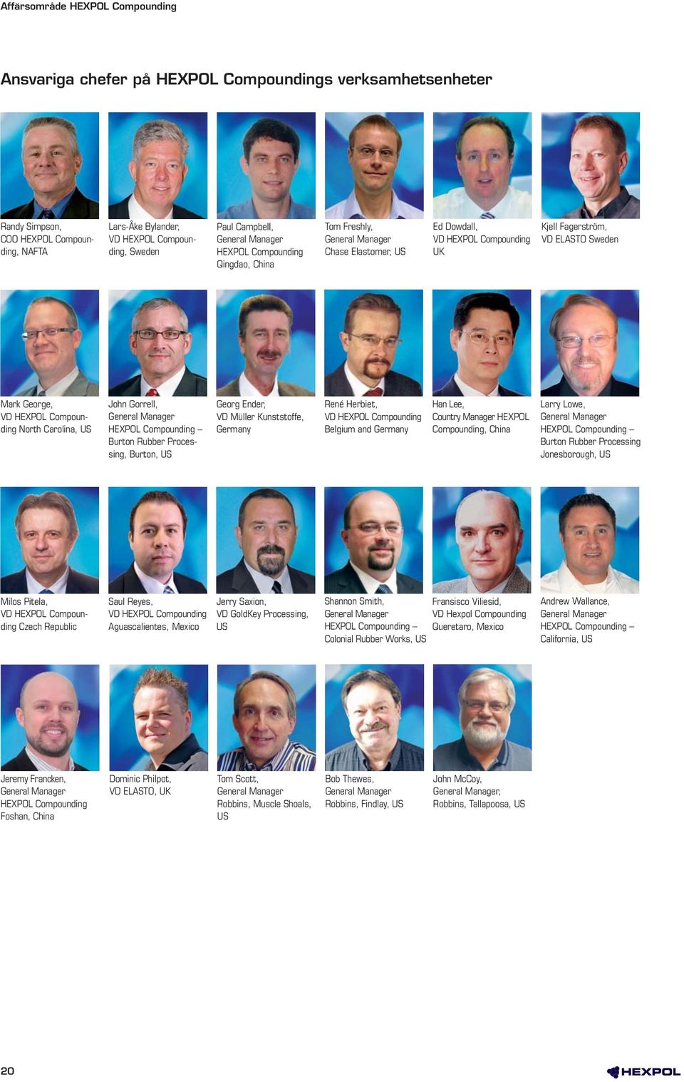 Compounding North Carolina, US John Gorrell, General Manager HEXPOL Compounding Burton Rubber Processing, Burton, US Georg Ender, VD Müller Kunststoffe, Germany René Herbiet, VD HEXPOL Compounding