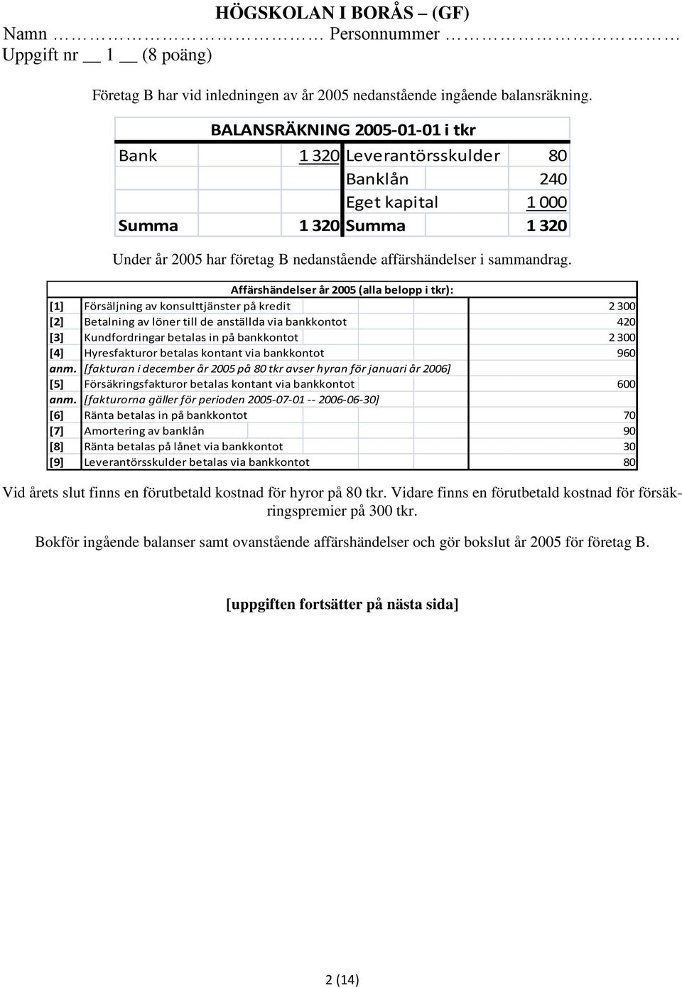 Affärshändelser år 2005 (alla belopp i tkr): [1] Försäljning av konsulttjänster på kredit 2 300 [2] Betalning av löner till de anställda via bankkontot 420 [3] Kundfordringar betalas in på bankkontot