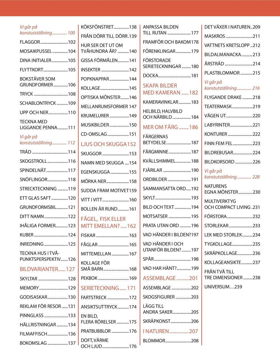 ..121 DITT NAMN...122 IHÅLIGA FORMER...123 KÖKSFÖNSTRET...138 FRÅN DÖRR TILL DÖRR.139 HUR SER DET UT OM TVÅHUNDRA ÅR?...140 GISSA FÖRMÅLEN...141 INSEKTER...142 POPKNAPPAR...144 KOLLAGE.