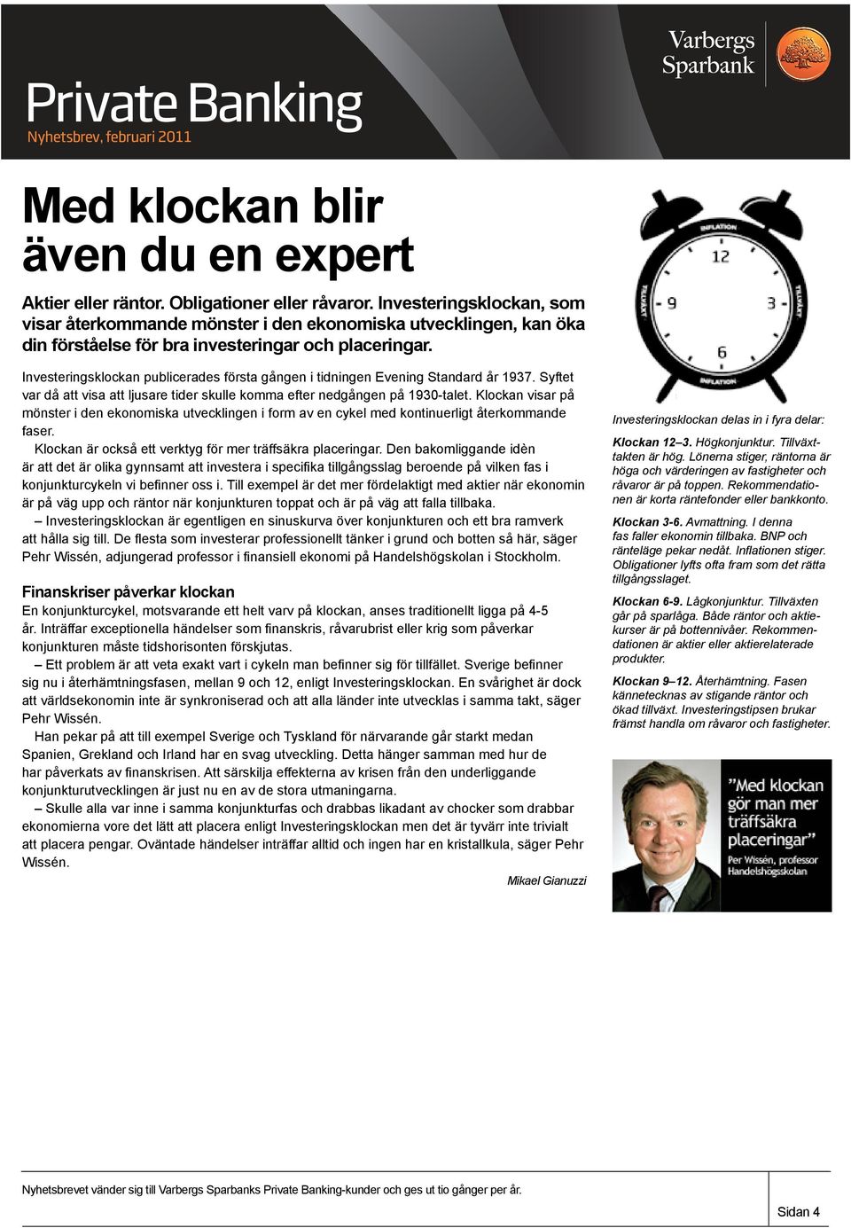 Investeringsklockan publicerades första gången i tidningen Evening Standard år 1937. Syftet var då att visa att ljusare tider skulle komma efter nedgången på 1930-talet.