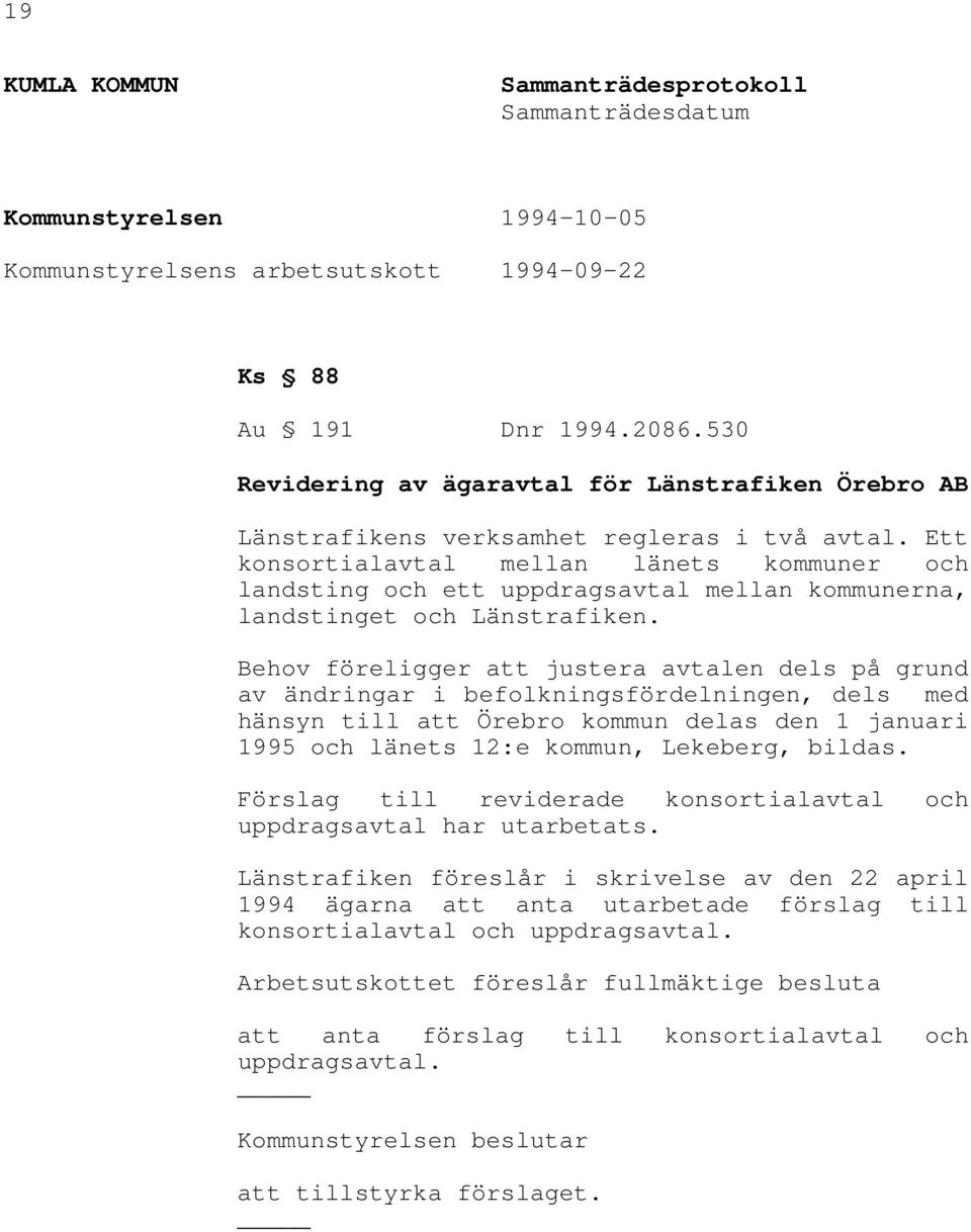Ett konsortialavtal mellan länets kommuner och landsting och ett uppdragsavtal mellan kommunerna, landstinget och Länstrafiken.