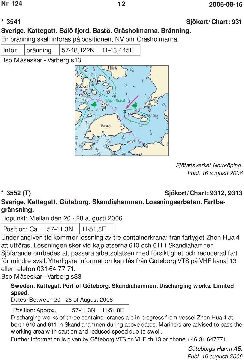 Fartbegränsning. Tidpunkt: Mellan den 20-28 augusti 2006 Position: Ca 57-41,3N 11-51,8E Under angiven tid kommer lossning av tre containerkranar från fartyget Zhen Hua 4 att utföras.