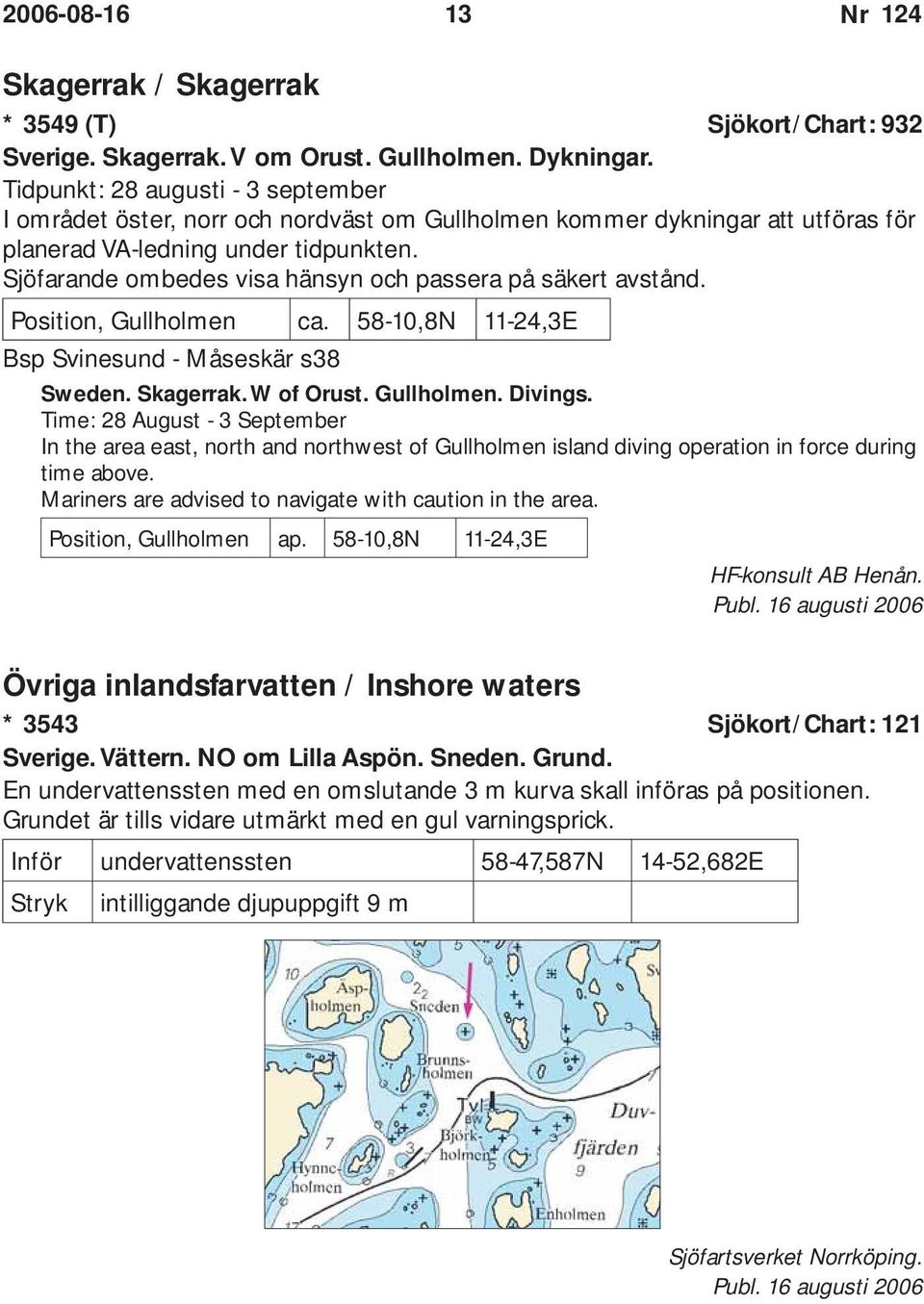 Sjöfarande ombedes visa hänsyn och passera på säkert avstånd. Position, Gullholmen ca. 58-10,8N 11-24,3E Bsp Svinesund - Måseskär s38 Sweden. Skagerrak. W of Orust. Gullholmen. Divings.