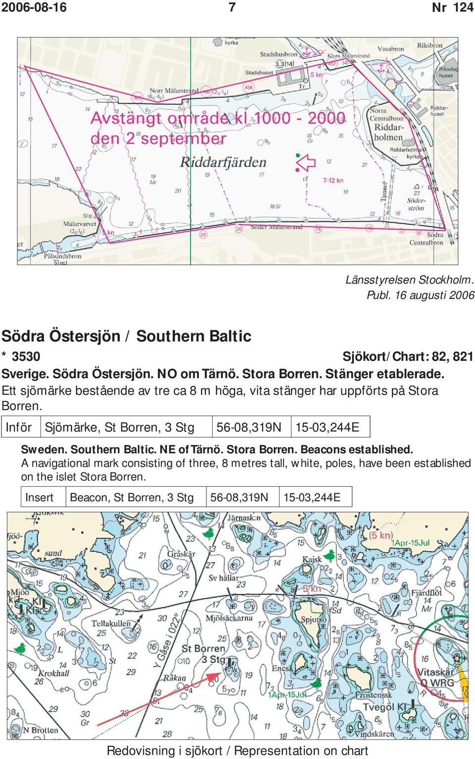 Inför Sjömärke, St Borren, 3 Stg 56-08,319N 15-03,244E Sweden. Southern Baltic. NE of Tärnö. Stora Borren. Beacons established.