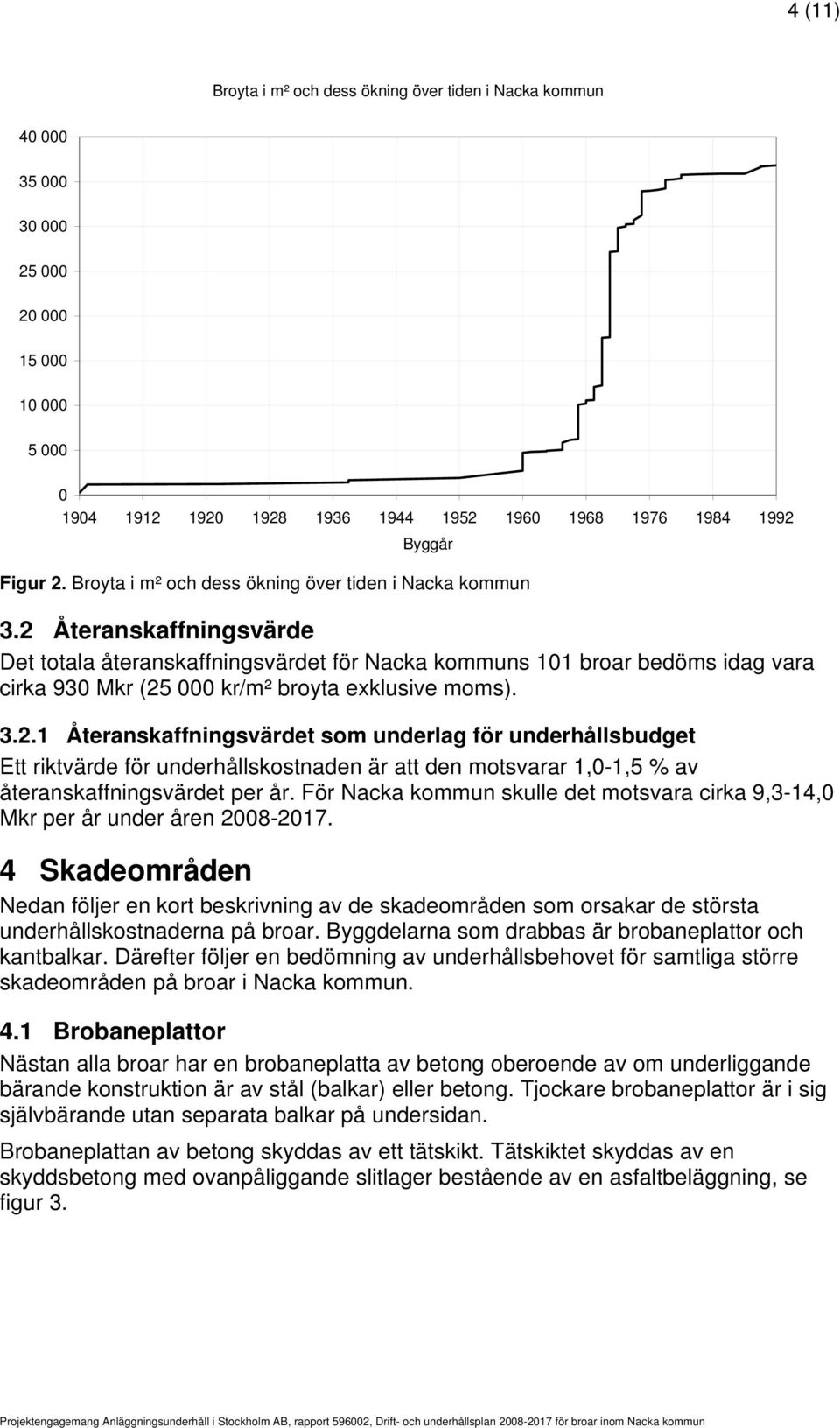 2 Återanskaffningsvärde Det totala återanskaffningsvärdet för Nacka kommuns 101 broar bedöms idag vara cirka 930 Mkr (25 000 kr/m² broyta exklusive moms). 3.2.1 Återanskaffningsvärdet som underlag för underhållsbudget Ett riktvärde för underhållskostnaden är att den motsvarar 1,0-1,5 % av återanskaffningsvärdet per år.