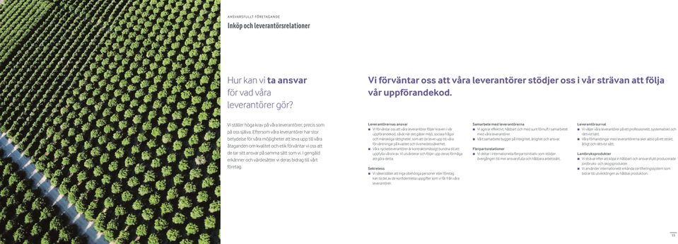 Eftersom våra leverantörer har stor betydelse för våra möjligheter att leva upp till våra åtaganden om kvalitet och etik förväntar vi oss att de tar sitt ansvar på samma sätt som vi.
