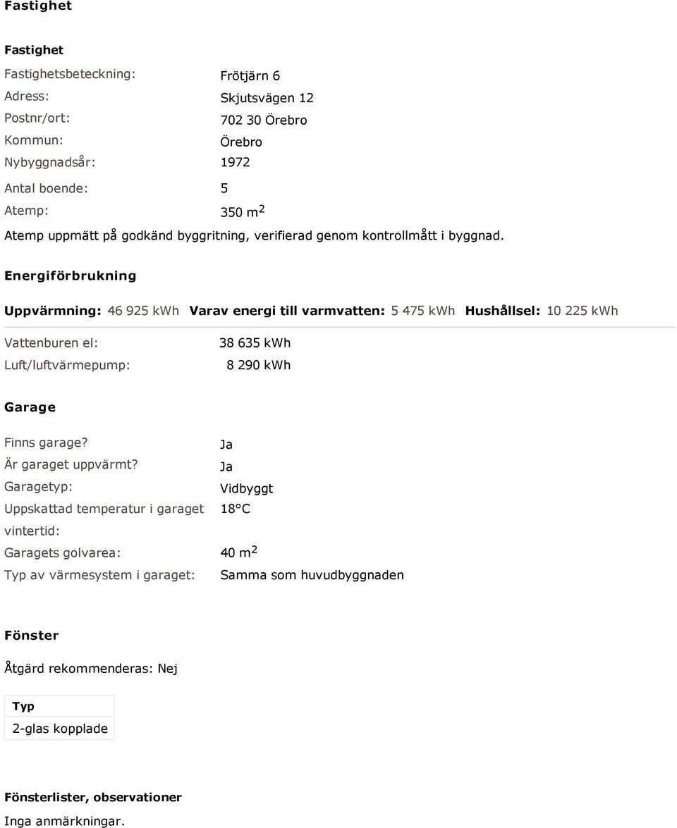 Energiförbrukning Uppvärmning: 46 925 kwh Varav energi till varmvatten: 5 475 kwh Hushållsel: 10 225 kwh Vattenburen el: Luft/luftvärmepump: 38 635 kwh 8 290 kwh Garage Finns