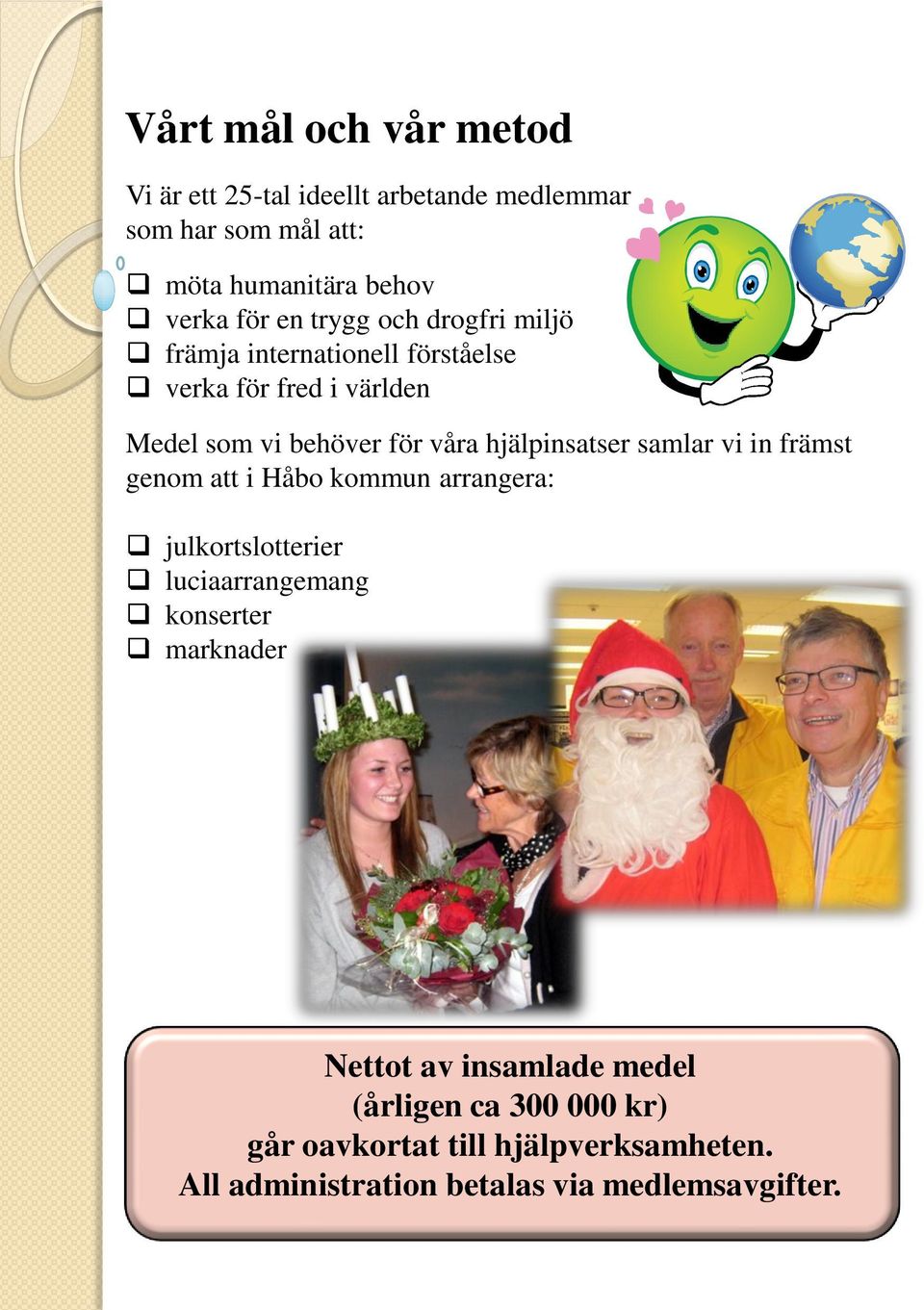 hjälpinsatser samlar vi in främst genom att i Håbo kommun arrangera: julkortslotterier luciaarrangemang konserter marknader