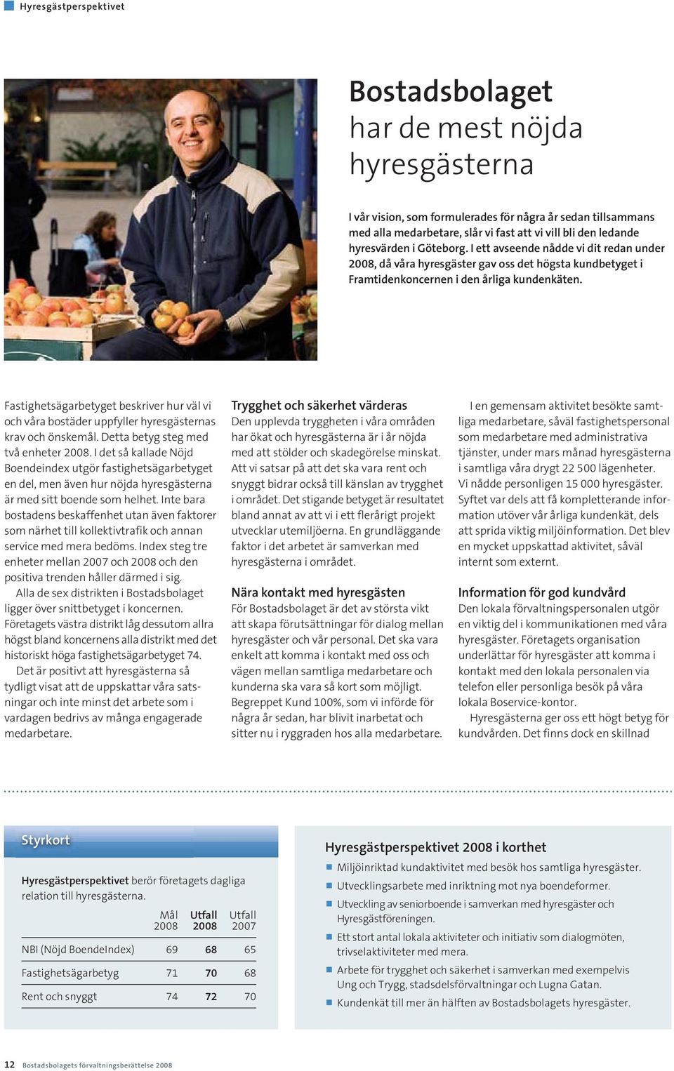 Fastighetsägarbetyget beskriver hur väl vi och våra bostäder uppfyller hyresgästernas krav och önskemål. Detta betyg steg med två enheter 2008.