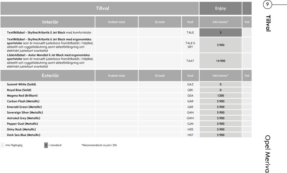 ergonomiska sportstolar som är manuellt justerbara framåt/bakåt, i höjdled, sätestilt och ryggstödslutning samt sätesförlängning och elektriskt justerbart svankstöd TALE & SRY 3 900 TAAT 14 900